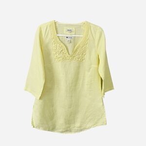 Malvin Hamburg Germany I Love Linen Tunic Top Size L US 10 Embroidered Yellow